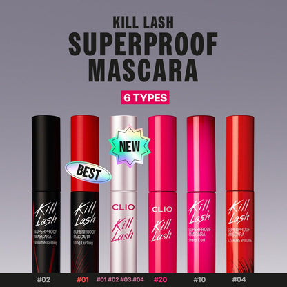 CLIO Kill Lash Superproof Mascara, Waterproof Lengthening Mascara with Slim Curved Brush for Straight Lashes, Smudge-Resistant Long Wear, Lifted Curl and Clean Separation (001 Long Curling)
